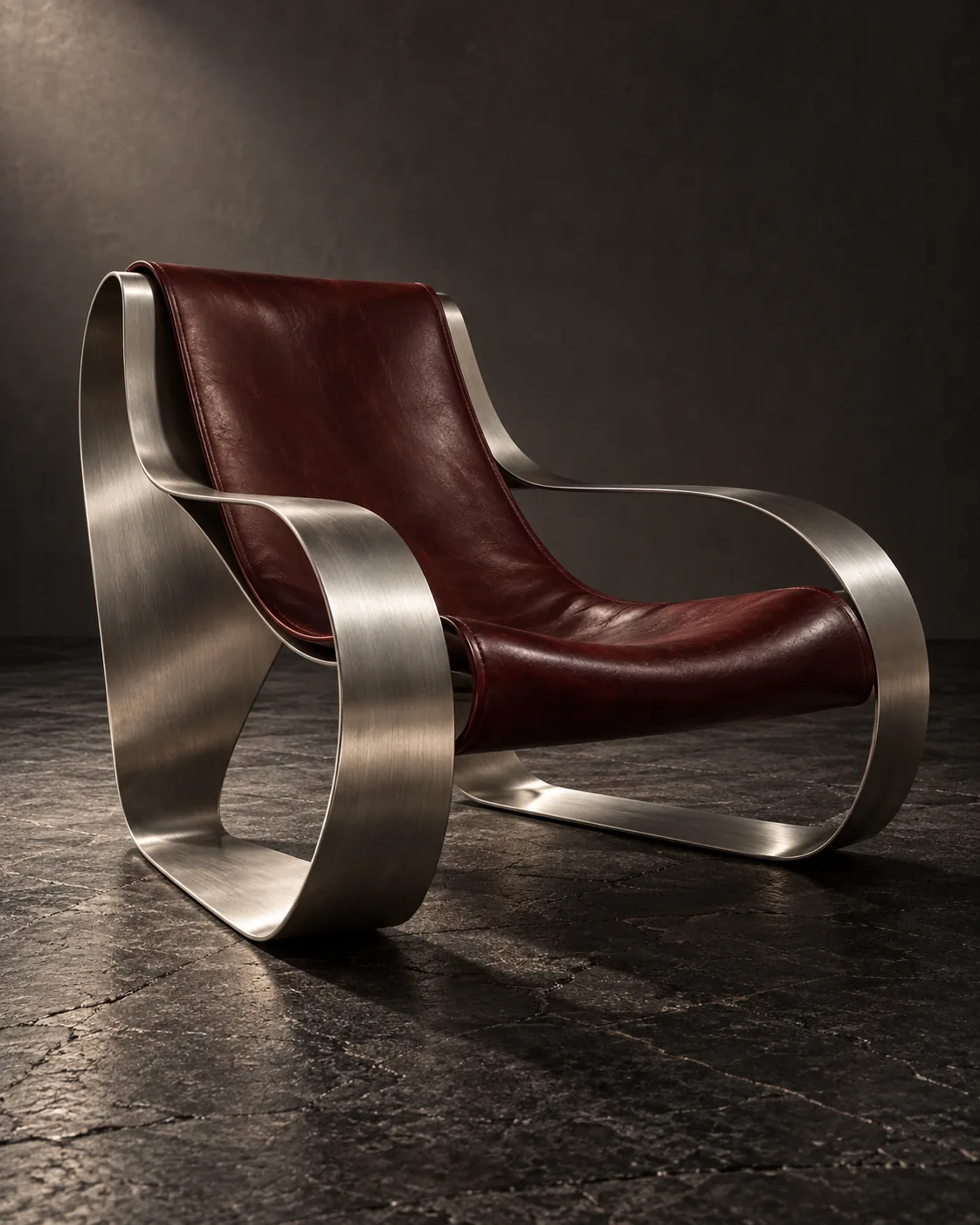Sculptural steel lounge chair with oxblood leather sling in a dark gallery